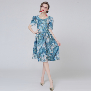 RY1501#花园油画花泡泡袖收腰宫廷法式复古连衣裙少女花色