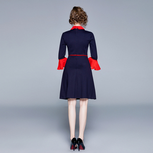 RY1496#重工刺绣拼色喇叭袖秋季连衣裙