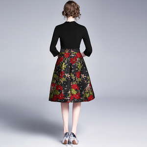 RY1499#提花拼接大摆连衣裙长裙通勤