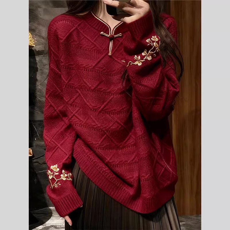 新中式国风复古红色毛衣女