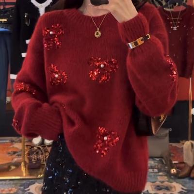 2024冬新款女装红色针织衫毛衣