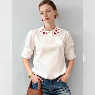 2026年设计感新中式国风白色长袖衬衫刺绣小个子重工衬衫上衣女春