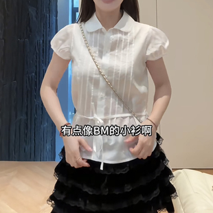 宅女同款 彼得领甜美花边系带短袖 衬衫