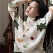 显瘦长袖 女夏设计感小众压褶修身 上衣 复古高领套头印花打底衫 法式