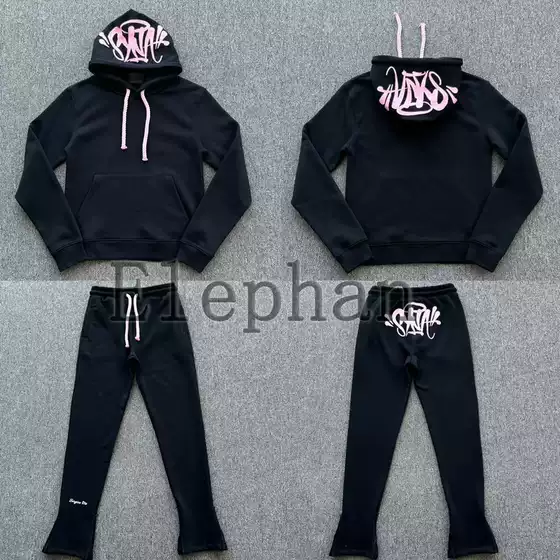 Syna World European and American Trendy Casual Sports Sweatshirt Set, Pink Print, Black Fabric, Suit