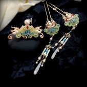 一鹤原创 春兰摇 唐宋明制烧蓝仿岫玉流苏珍珠汉服发钗发簪头冠