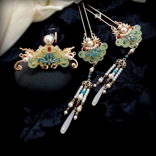 一鹤原创【春兰摇】唐宋明制烧蓝仿岫玉流苏珍珠汉服发钗发簪头冠