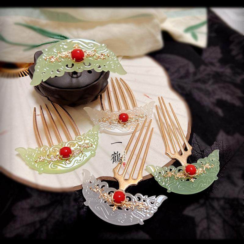 原创战国袍秦汉岫玉古风头冠掩鬓发夹发簪发梳发钗发冠头唐风饰品