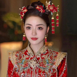 新中式秀禾头饰复古红色绒花步摇发簪结婚礼晨袍旗袍配饰2024新款