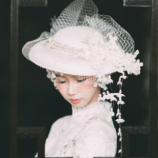 法式赫本礼帽旗袍复古网纱民国白色珍珠帽子新娘面纱高级礼服头饰