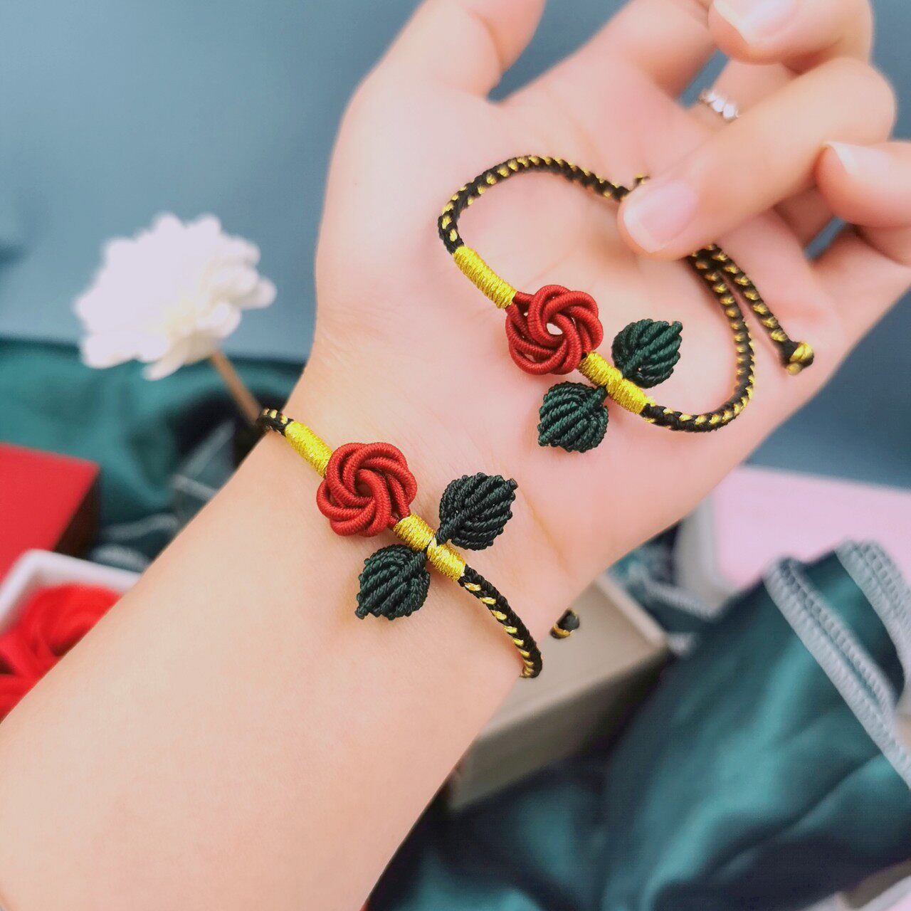 七夕礼品手编绳民族风创意情侣玫瑰花手链可调节情人节礼品手链