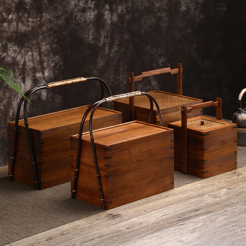 竹制双层点心提盒大漆茶箱席面户外提箱便携多层食盒茶道配件收纳