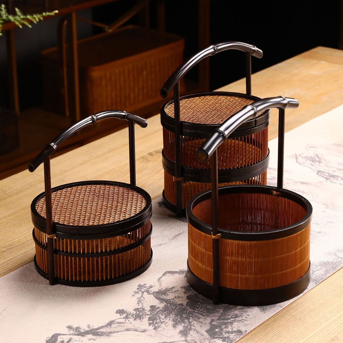 竹制品手工竹编迷你食盒点心收纳盒月饼篮中式家用多层茶点手提篮