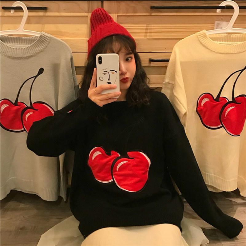 针织衫毛衣2020女秋冬新款宽松套头日系樱桃图案圆领显瘦明星同款