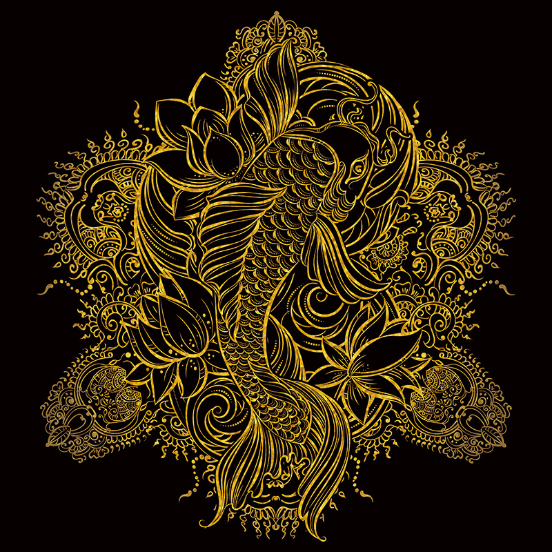 连年有余鱼纯棉油画布唐卡描金