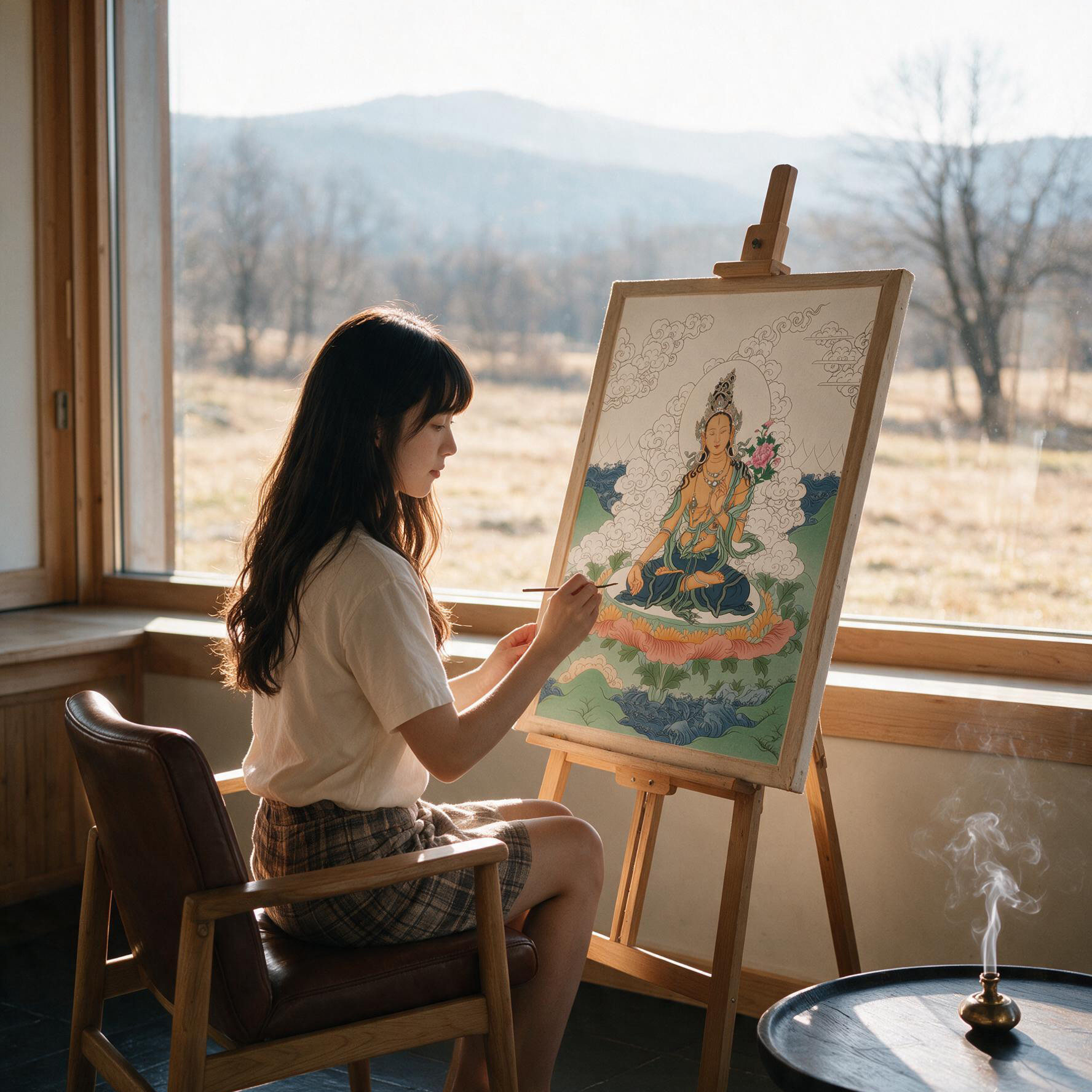 西藏唐卡描金线稿白度母手绘填色画静心减压涂色DIY手绘佛像涂色