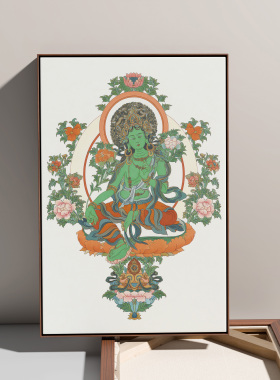 手绘绿度母描金油画布佛像唐卡