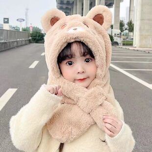新款男童女童可爱小熊帽子冬天毛茸茸套头保暖围巾带帽子一体帽子