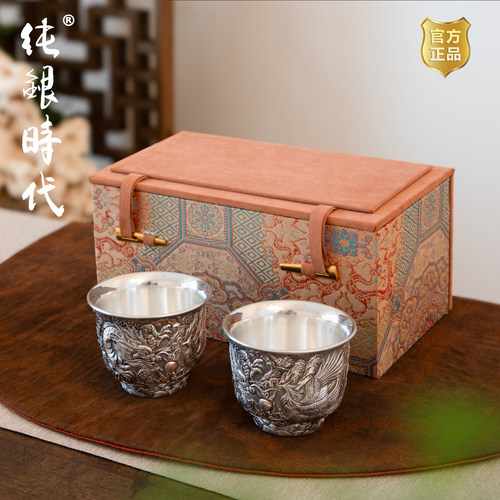 纯银时代手工錾刻纯银杯茶具礼盒
