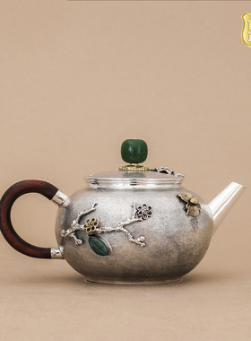 纯银时代 掐丝梅枝水平泡茶壶纯银999手工镶嵌复古茶壶110ml