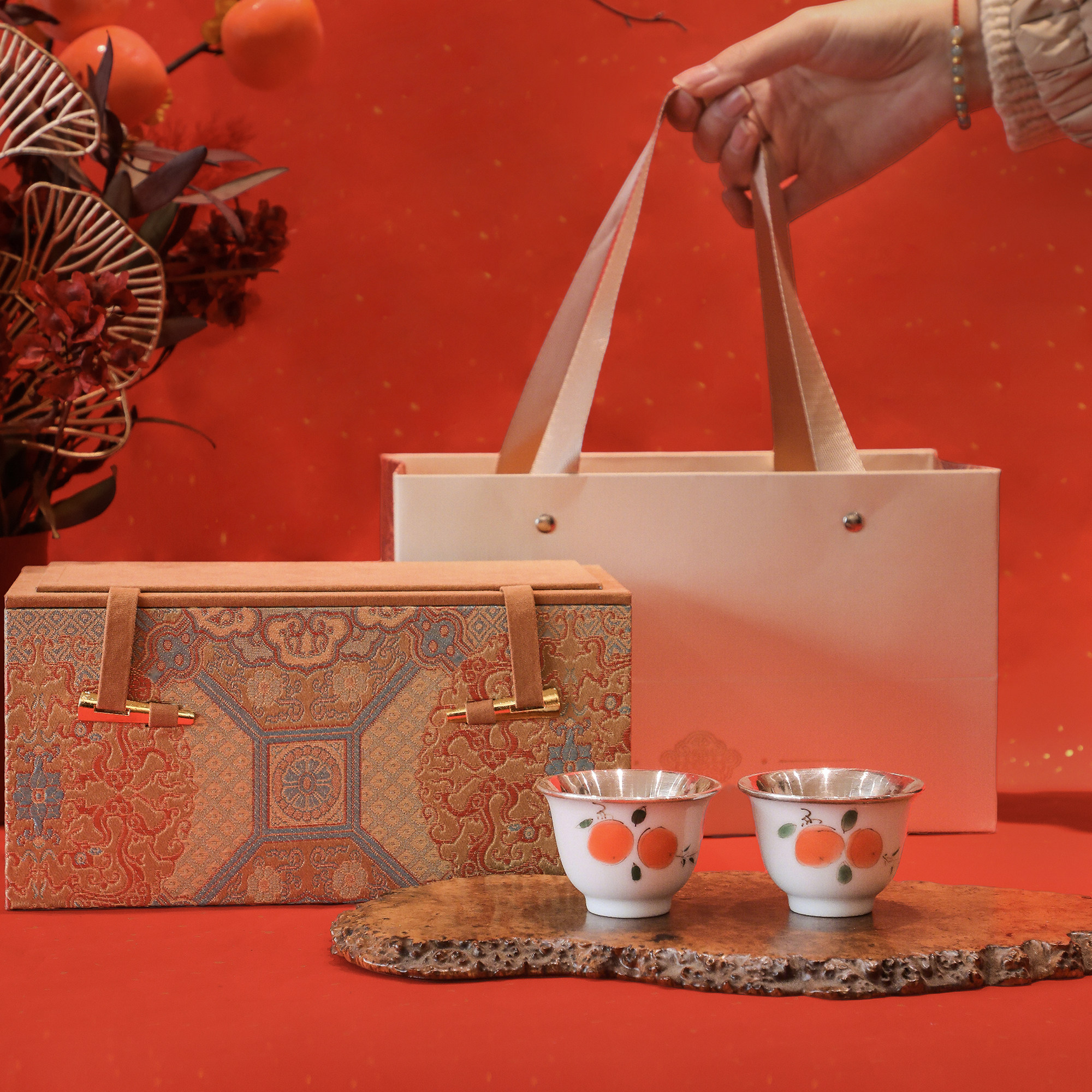 纯银时代银杯茶具礼盒双杯中式