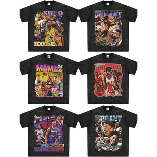 莫兰特三球詹姆斯库里科比罗德曼乔治美式球星T恤复古水洗短袖棉