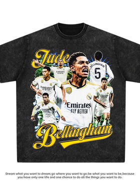 贝林厄姆Bellingham复古人像数码喷印T恤足球宽松小领口纯棉短袖
