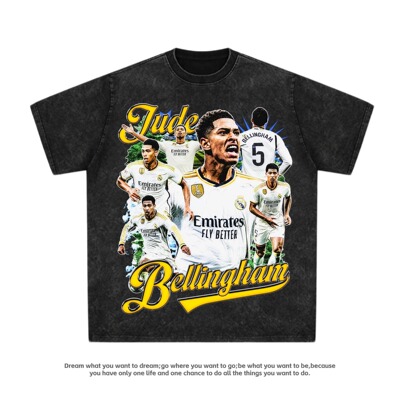 贝林厄姆Bellingham复古人像数码喷印T恤足球宽松小领口纯棉短袖