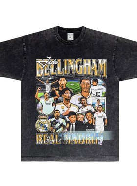 Bellingham贝林厄姆复古人像印花T恤足球运动宽松小领口纯棉短袖