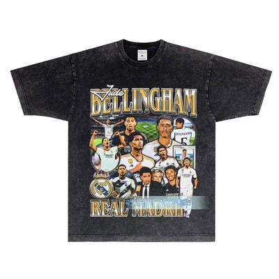 Bellingham贝林厄姆复古人像印花T恤足球运动宽松小领口纯棉短袖