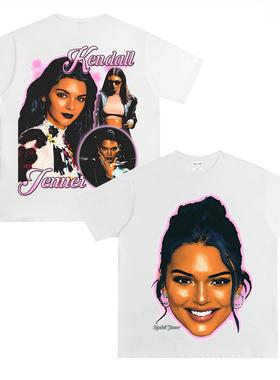 肯豆 詹娜 Kendall Jenner 美式街头复古做旧纯棉宽松长短袖T恤潮