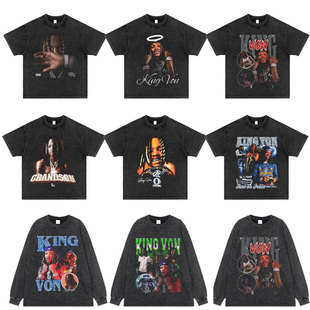 King Von冯国王说唱歌手系列 美式小领口重磅纯棉短袖做旧复古T恤