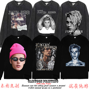 贾斯丁 比伯美式复古长袖嘻哈Justin Bieber歌手街头纯棉T恤男女