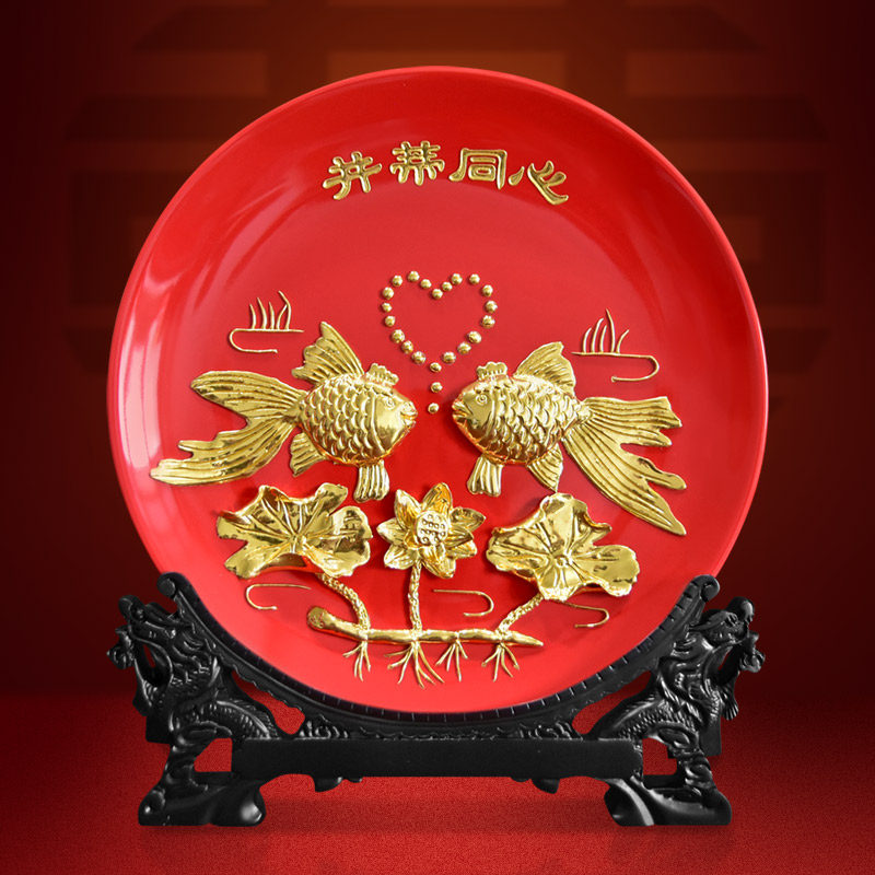 并蒂同心漆线雕工艺品摆件新婚礼物送新人订婚结婚送礼物送新娘