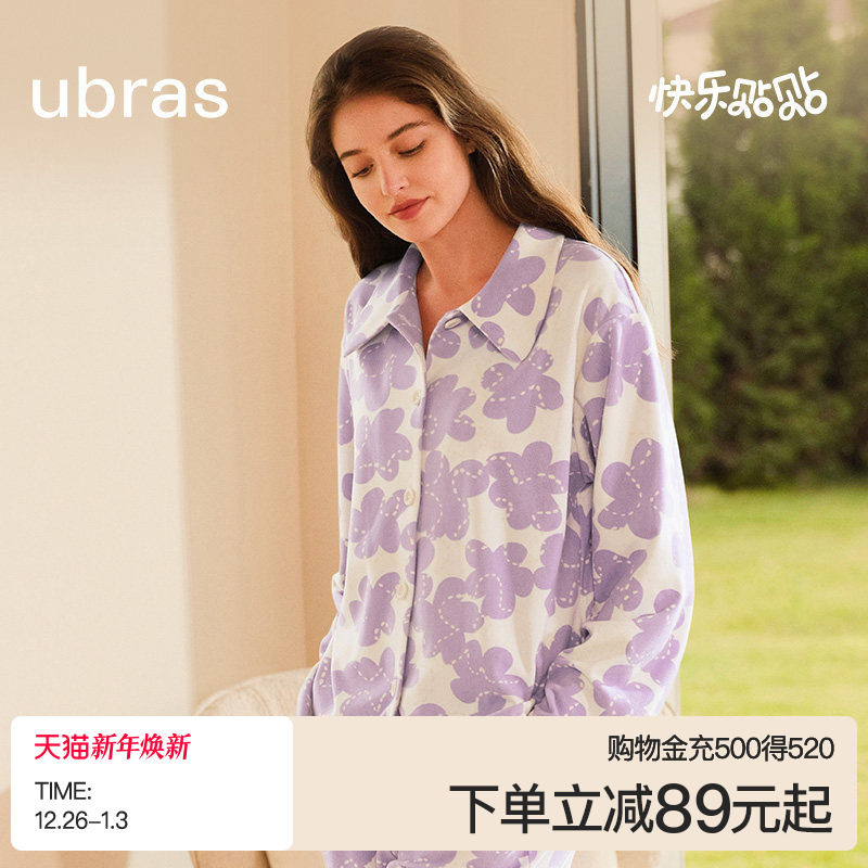 ubras贴贴系列|奶酪绒睡裙长袖睡衣抗菌女款衬衫裙子印花秋冬款
