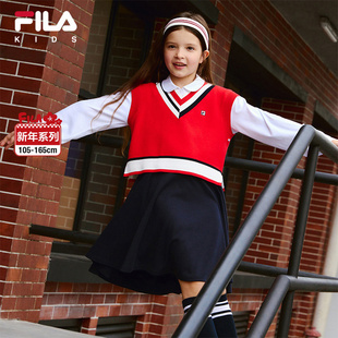 FILA斐乐女童裙子2025年冬季 中大童新年红色儿童连衣裙两件套 新款