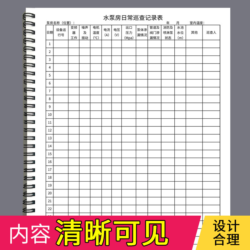 水泵房日常巡查记录表消防水泵房管理记录表物业园区高楼大厦蓄水