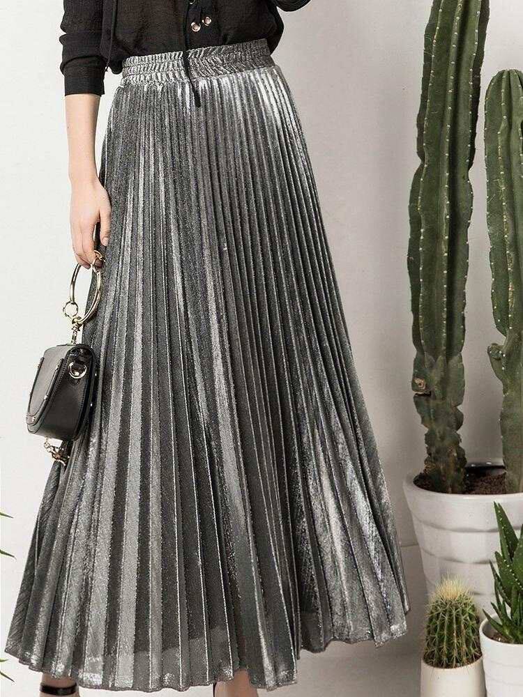 women retro long skirt Metallic color skirt Elastic waist Show thin Pleated skirtin the Women's clothing/Boutique , Skirts  category - from Buy2taobao.com to provide professional Taobao agent buy service