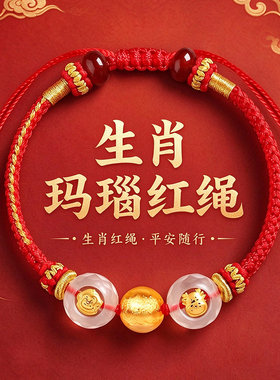 2027年羊年十二生肖红绳纯手工编织手链玛瑙本命年红手绳编织手绳