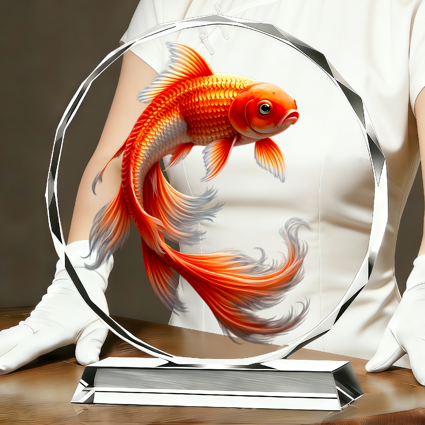 高端水晶圆形锦鲤摆台画客厅书房装饰画UV制作工艺品桌面摆台画