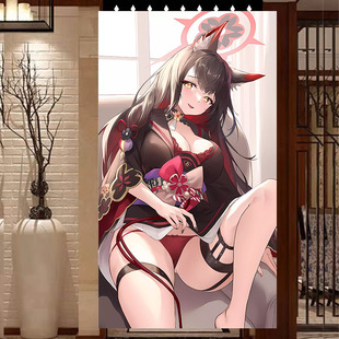 卡通性感美少女门帘定制图案免打孔隔断帘宿舍半遮挡帘布艺挂帘子