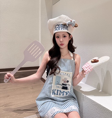 料理鼠王围裙~ 可爱条纹公主风家居围裙花边甜品店卡通拍照围裙