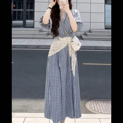 法式温柔风格子短袖连衣