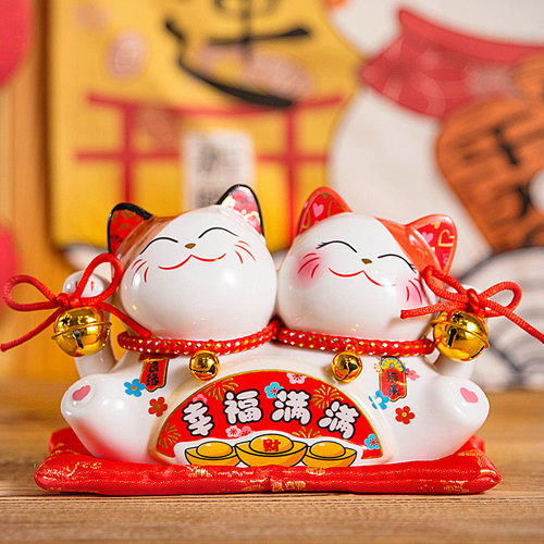 幸福满满招财猫摆件新婚礼品居家客厅摆设存钱储蓄罐夫妻猫乔迁