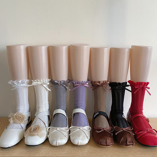 春夏薄款镂空蕾丝蝴蝶结蕾丝花边微透芭蕾风小腿堆堆袜子中筒