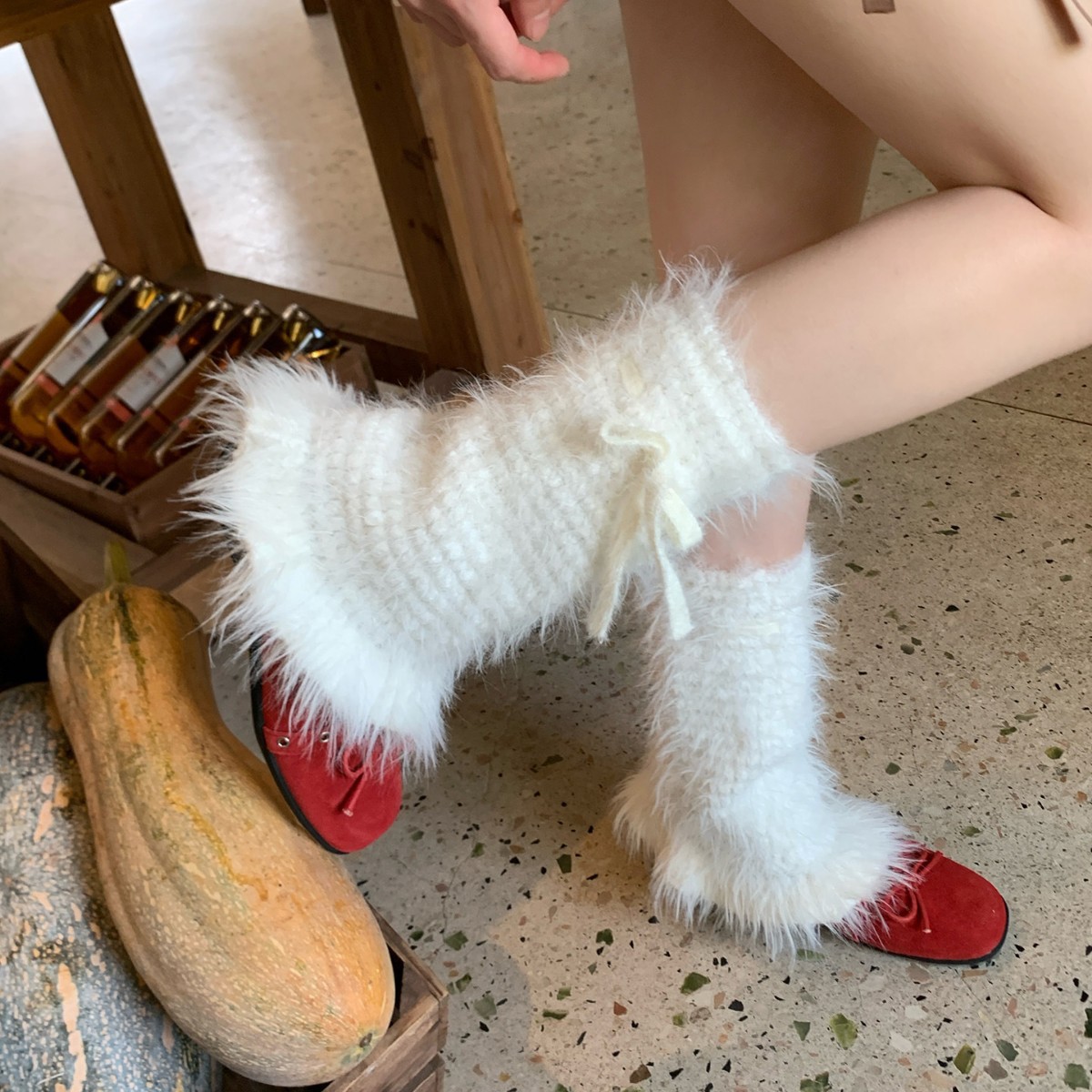 毛毛袜套堆堆袜女秋冬加绒加厚毛绒腿套荷叶边绑带蝴蝶结少女袜子