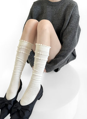 秋冬甜美木耳边小腿袜女款白色堆堆袜竖条显瘦奶白色日系jk中筒
