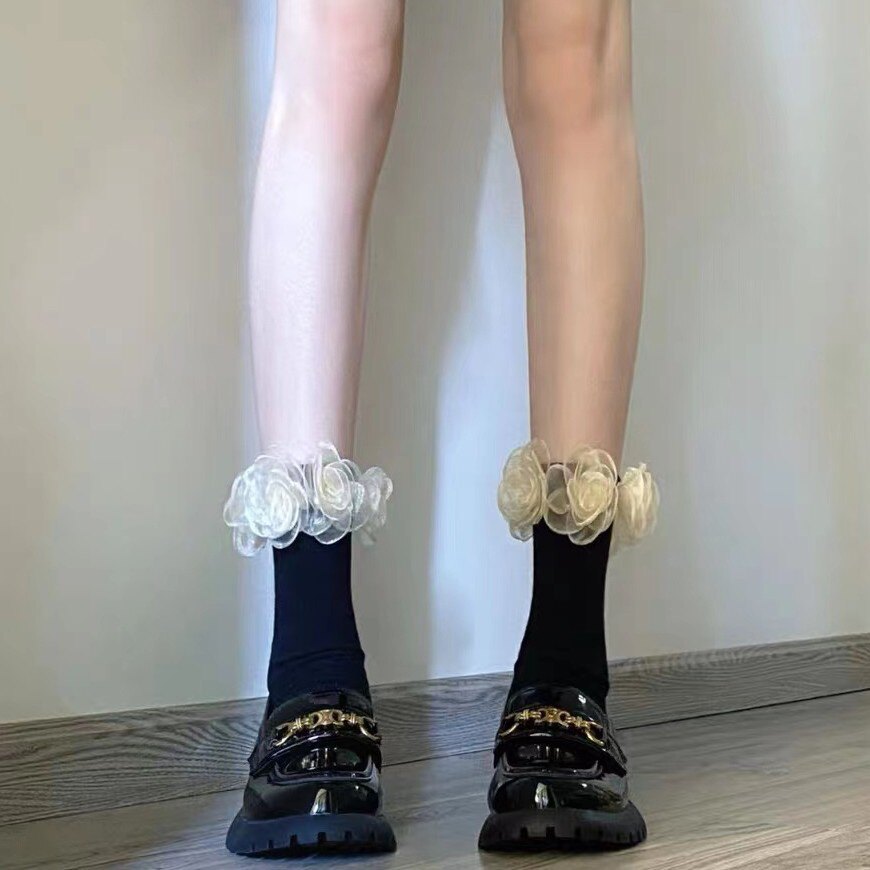 2023新款网纱透明立体甜美山茶花纯色女袜可爱复古中筒袜潮袜