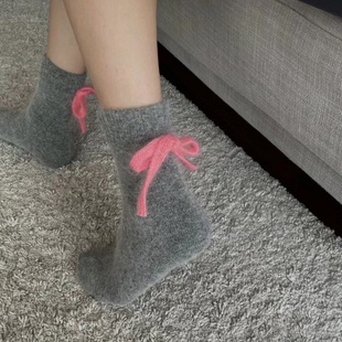 【兔毛蝴蝶结】韩国老板娘羊毛短袜彩色蝴蝶结袜子粉色蝴蝶结女袜
