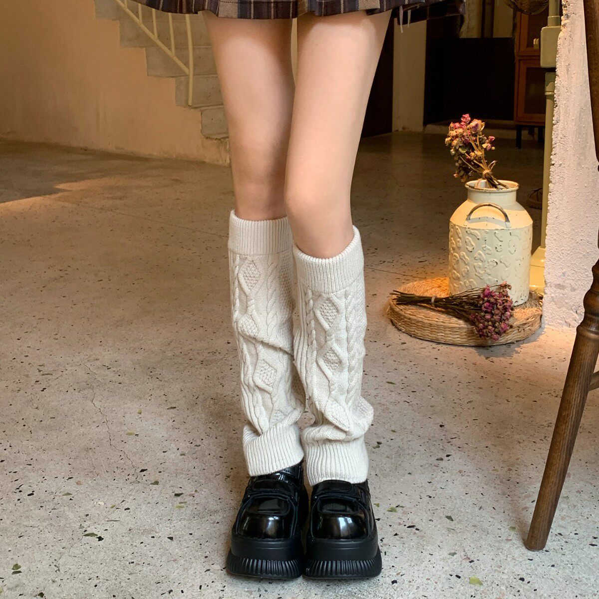 白色麻花纹袜套女秋冬加绒加厚保暖御寒腿套韩系ins 风堆堆小腿袜